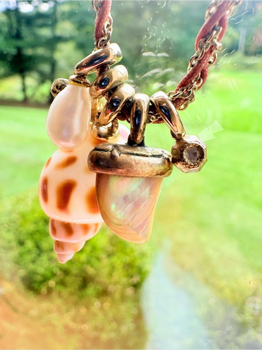 Vintage Kate Spade Seashell Charm Necklace Brown Braided w/Gold Chain 18”